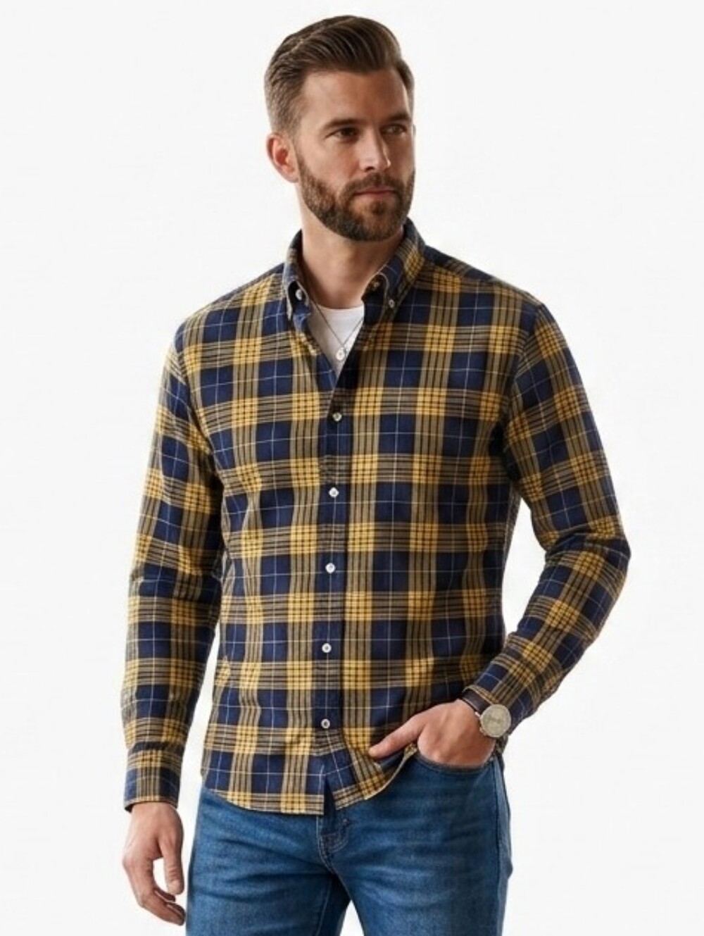 J. Crew Tartan Plaid 100% Cotton  Button Down Shirt Navy Yellow Med